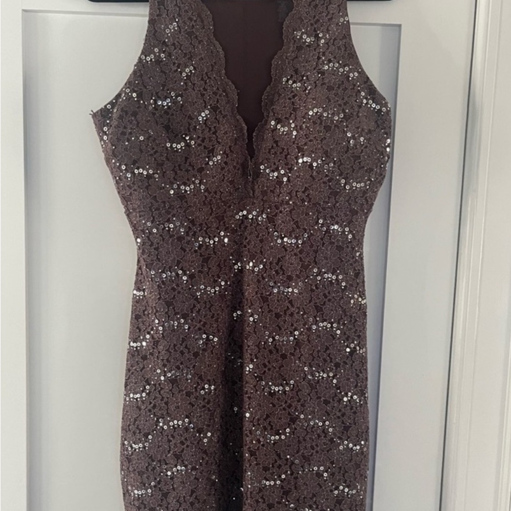 NW Nightway Sequin Lace Cocktail Dress Brown Sleeveless Size 12